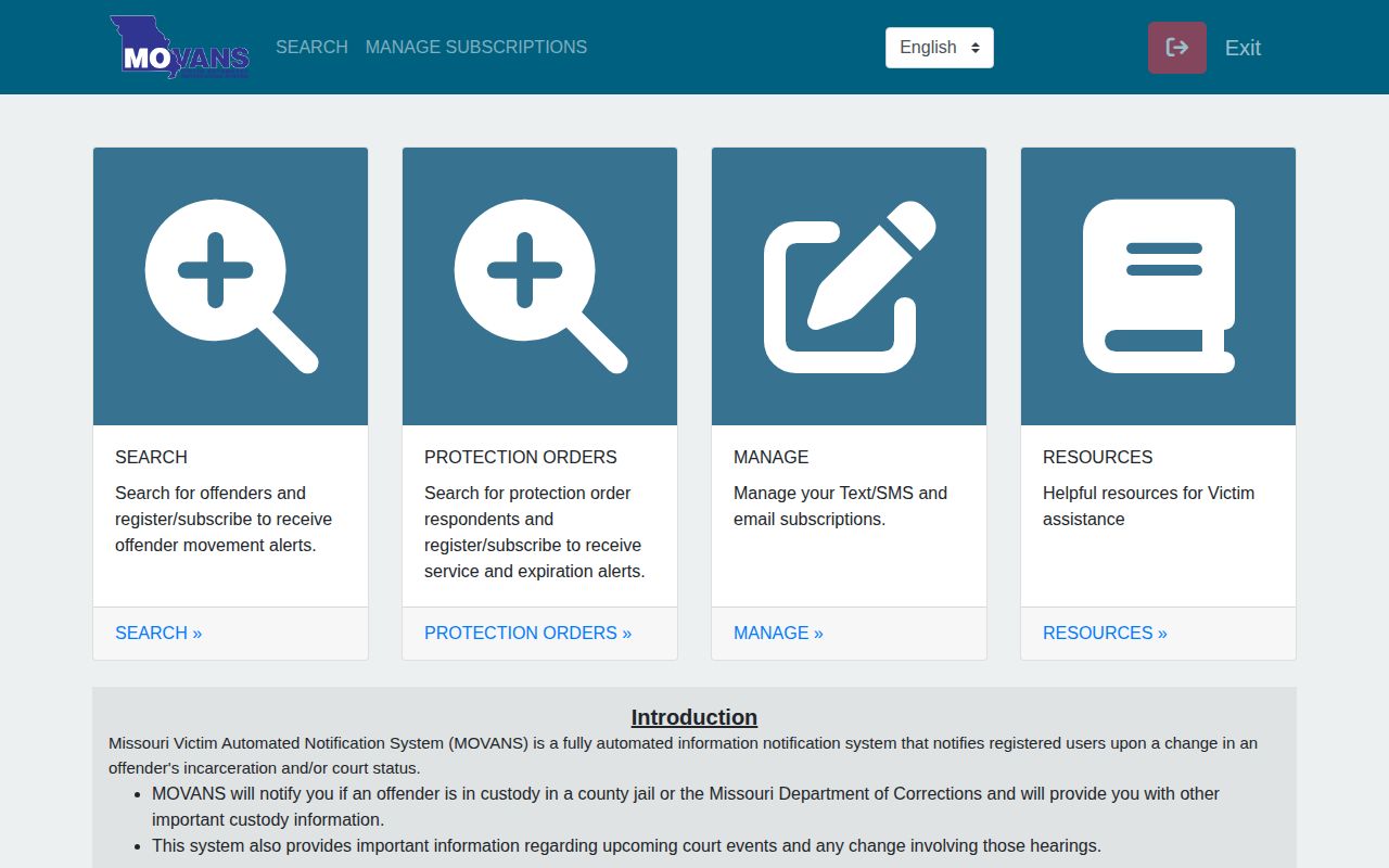 Missouri MOVANS local jail, corrections, and court notification service page