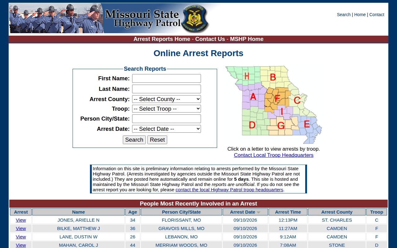 Bollinger County recent arrests search from the Missouri State Highway Patrol