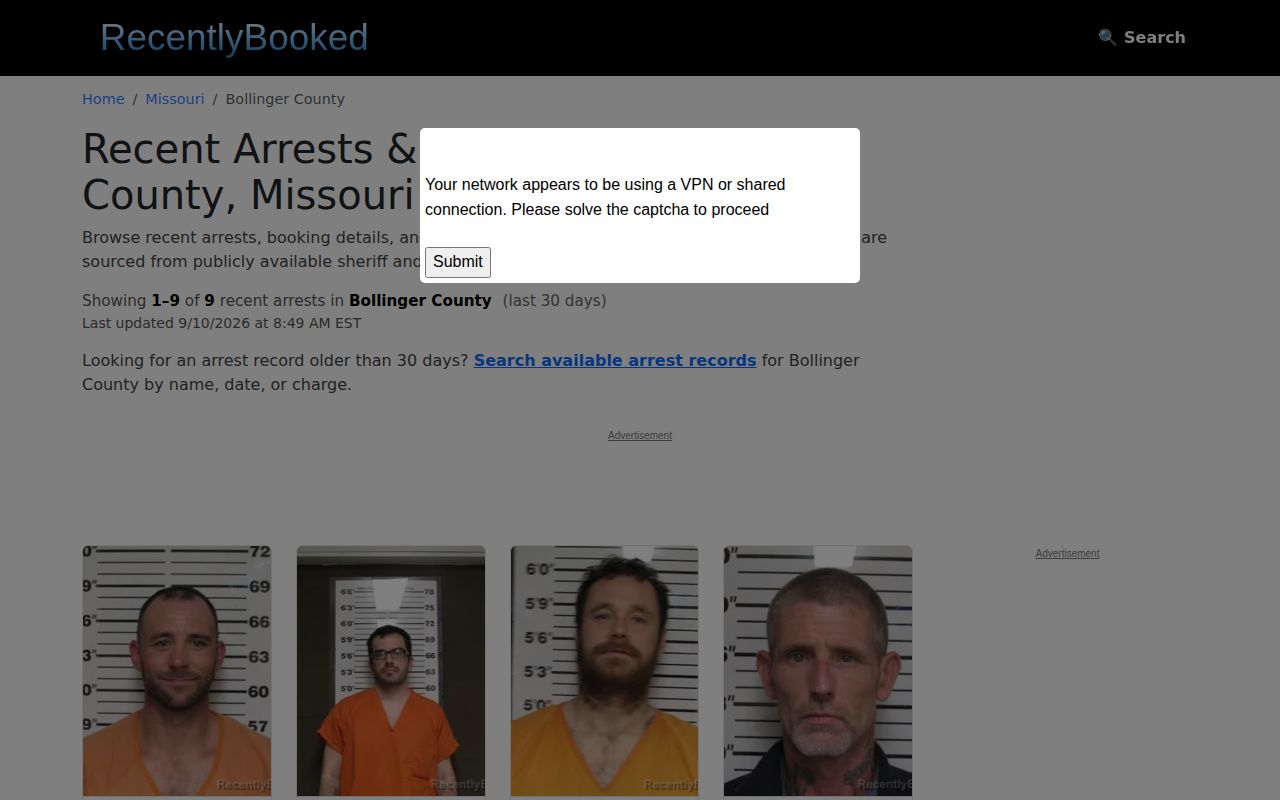 Unofficial copied Bollinger County recent arrest records